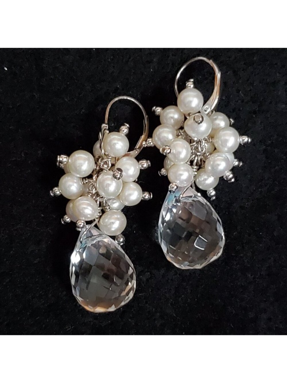 Sterling Silver ChaCha Earrings Crystal Faux Pearl Dangle 1.5"